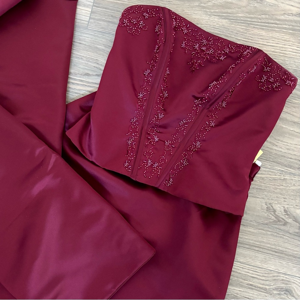 Satin Beaded Matching Set Maxi Dress Burgundy Corset Embellished Vintage Sz xs - Picture 2 of 7